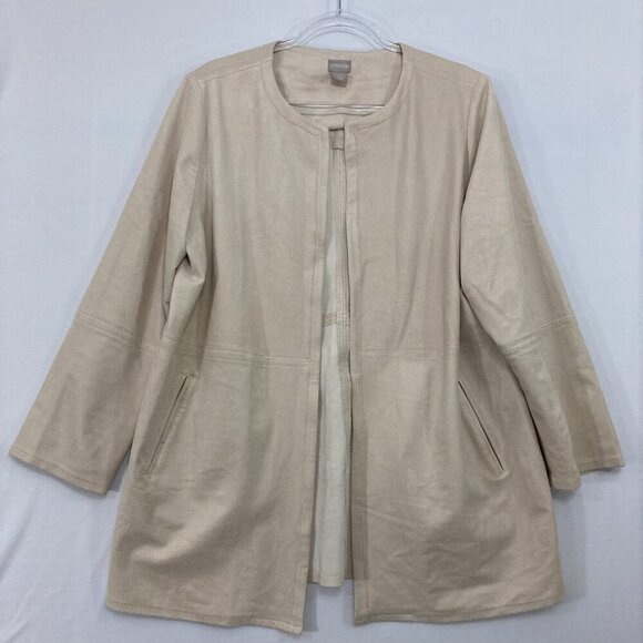 Chico's size 16/18 Beige Tan Faux Leather Open Front Jacket Comfy Casual - Picture 1 of 11